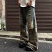 Men's Wide Leg Straight Jeans Retro American Niche Design Washed Patchwork Camouflage Distressed Whiskering_mkmklike.com