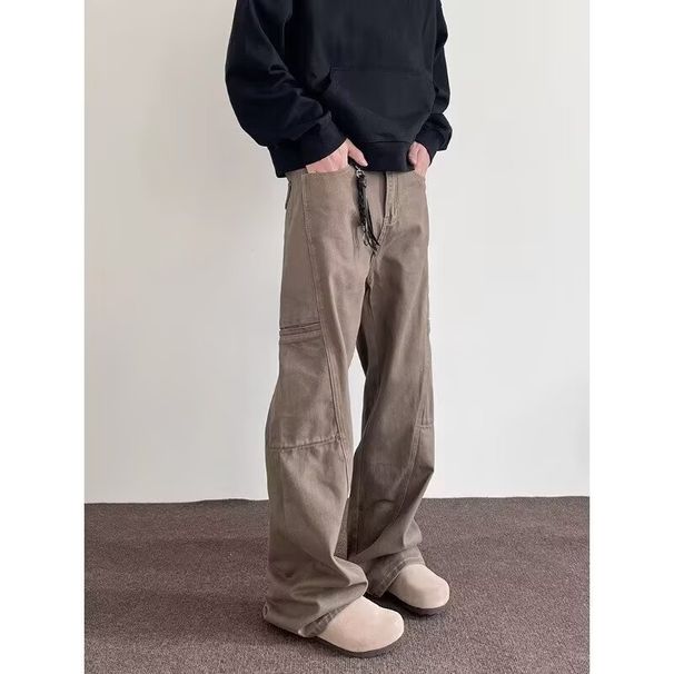 Men's Retro Workwear Jeans – Maillard Brown Cargo Pants With Multi-Pockets & Slight Flare For High Street Cleanfit Style_mkmklike.com