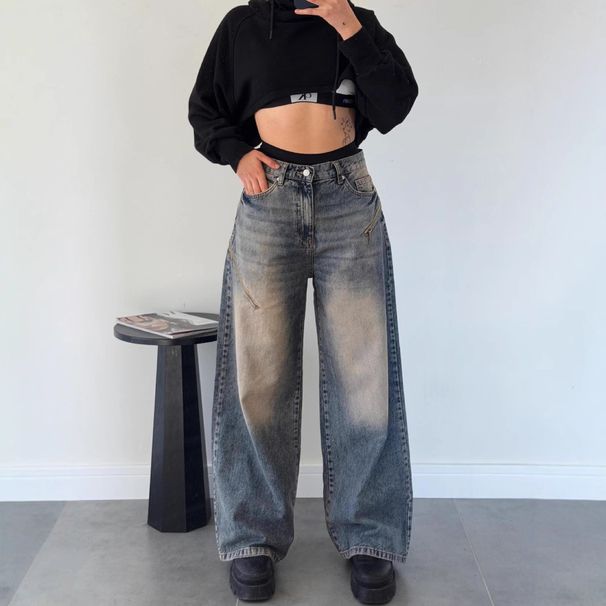 Women's Clothing Retro Street Style Loose Gradient Distressed Mopping Ladies Jeans_mkmklike.com