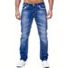 High Street Men's Jeans Dark Blue Embroidery Elastic Slim Fit Small Straight Casual Men's Trousers_mkmklike.com