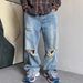 Men's Heavyweight Retro Ripped Jeans Casual Edgy Straight Leg Loose Fit Wide Leg Floor Length Dad Pants_mkmklike.com