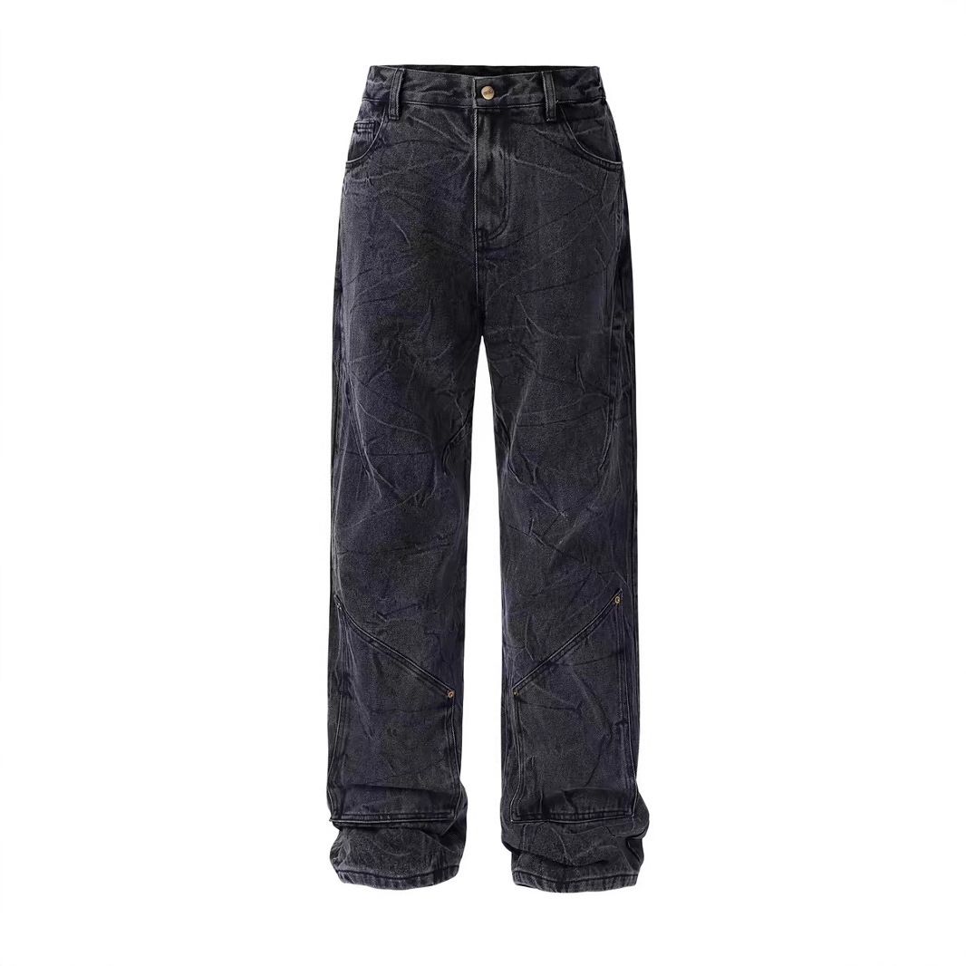 Men's Clothing Cleanfit Retro Snowflake Washed Jeans For Men Heavy Duty Distressed Ripple Pleated Vibe Straight Pants_mkmklike.com
