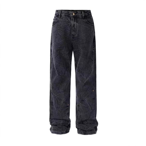 Men's Clothing Cleanfit Retro Snowflake Washed Jeans For Men Heavy Duty Distressed Ripple Pleated Vibe Straight Pants_mkmklike.com