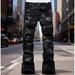 Men Women Y2K Stacked Flared Jeans, Matte Black With White Scratch Line Embroidery & Minor Rips, Breathable & Lightweight For Summer Subculture Style_mkmklike.com
