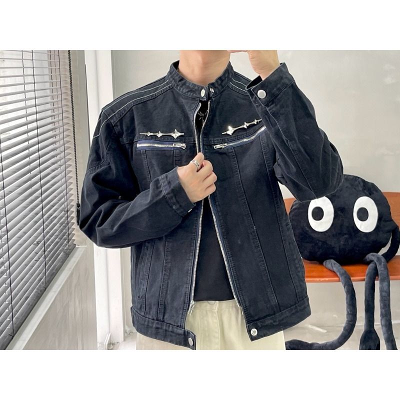 Street Denim Jacket With Washed Loose Design, Cool And Rugged Motorcycle Jacket_mkmklike.com
