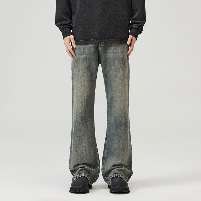 Men's American Retro Casual Pleated Whiskered Loose Fitting Jeans Trendy Brand Vibe Wide Leg Straight Leg Jeans_mkmklike.com