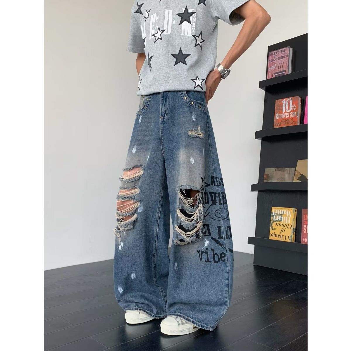 High Waisted Printed Ripped Denim Jeans Loose Fitting Slimming Straight Leg Wide Leg Pants For Men And Women Spring Summer_mkmklike.com