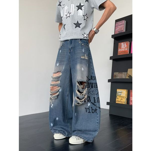 High Waisted Printed Ripped Denim Jeans Loose Fitting Slimming Straight Leg Wide Leg Pants For Men And Women Spring Summer_mkmklike.com