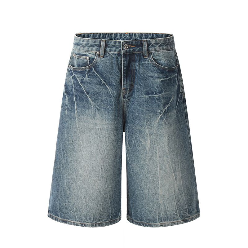 Vintage Washed Denim Capri Pants With Lightning Fade - Unisex Mid-Length Shorts For Cleanfit & Retro American Style_mkmklike.com