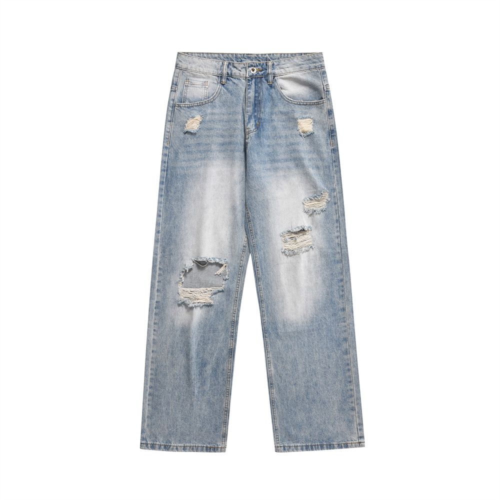 Men's Ripped Jeans Loose Fit Versatile Straight Trendy Ins American Street Style Washed Wide Leg Long Pants_mkmklike.com