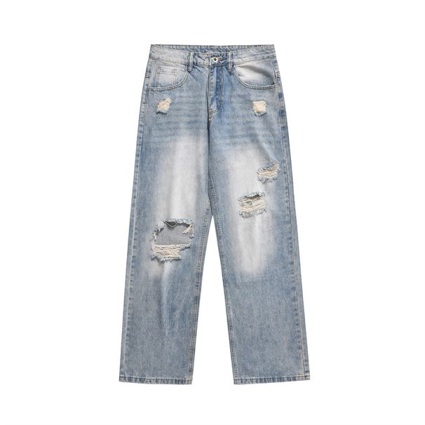 Men's Ripped Jeans Loose Fit Versatile Straight Trendy Ins American Street Style Washed Wide Leg Long Pants_mkmklike.com