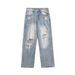 Men's Ripped Jeans Loose Fit Versatile Straight Trendy Ins American Street Style Washed Wide Leg Long Pants_mkmklike.com