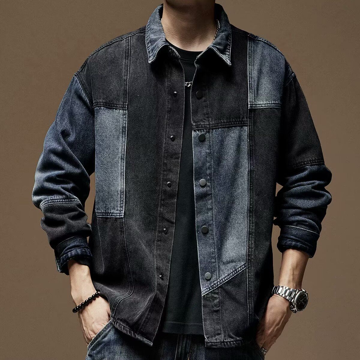Vintage Washed Denim Shirt For Men, Distressed Long Sleeve Casual Jacket With Color Blocking, Loose Fit Retro Overshirt For Spring & Fall_mkmklike.com