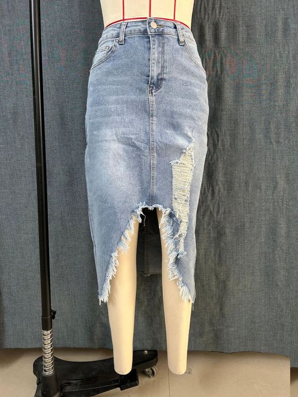 K Women's Half Skirt Denim Stretch Casual Distressed Simple Retro_mkmklike.com