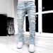 Men's Slim Straight Jeans With Stretch & Patchwork - Street Fashion Washed Denim Pants For Teens & Young Adults (Multiple Colors & Sizes)_mkmklike.com
