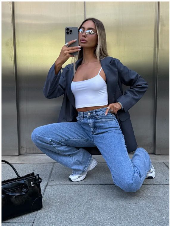 Women's Flared Denim Jeans – Trendy Wide-Leg Cotton Pants For Autumn Classic Washed Blue Hue_mkmklike.com