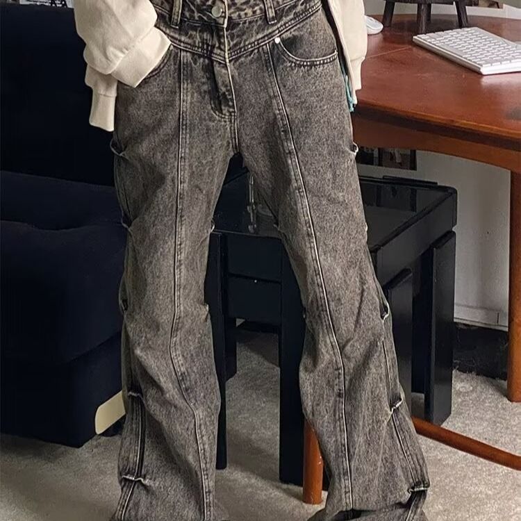 Vintage Distressed High-Waisted Flared Jeans For Women, Retro Wide-Leg Trousers With Wrinkle Design, Fall Fashion Staple_mkmklike.com