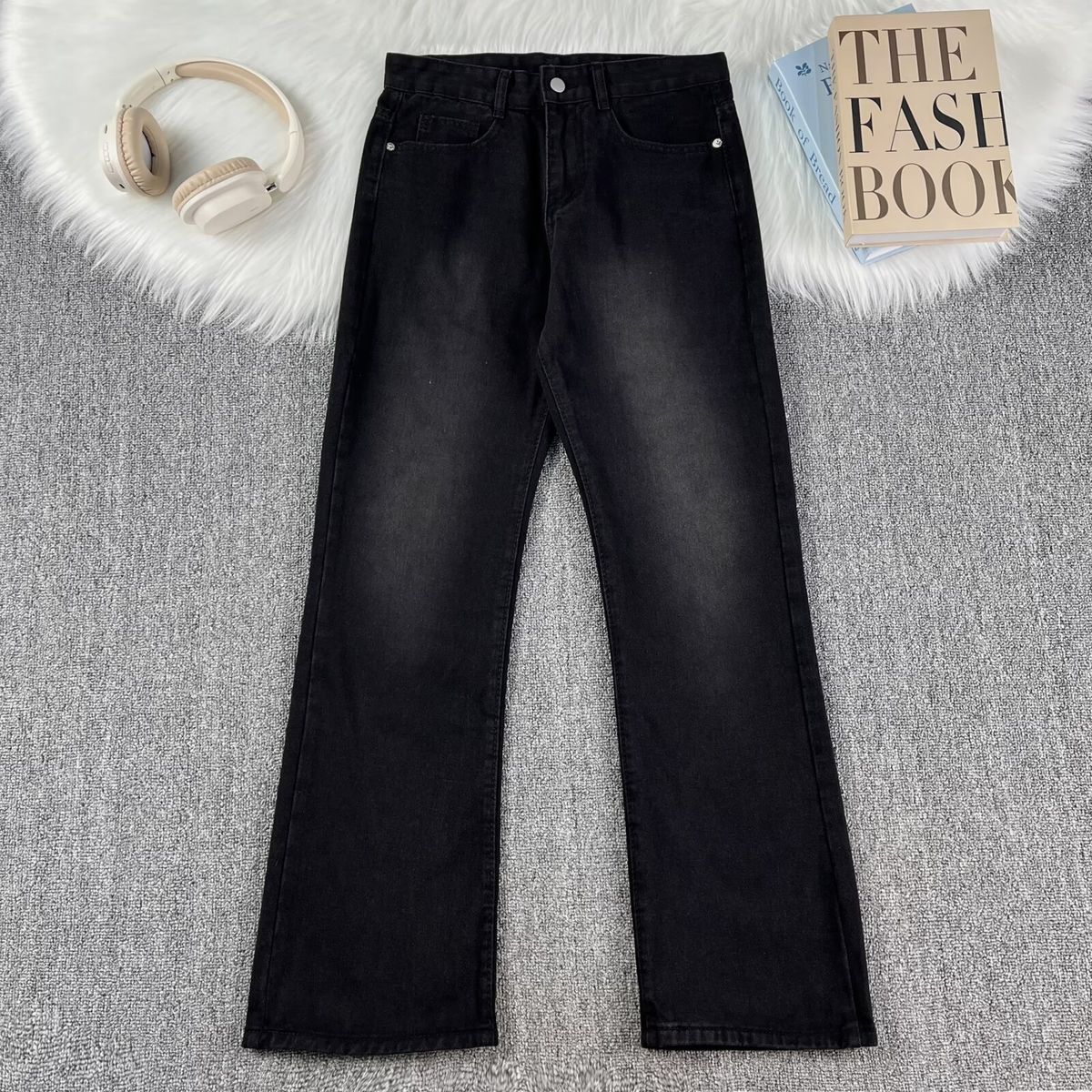 Men's And Women's Gradient Distressed Jeans Slightly Flared Loose Fit Casual Trousers Mid Waist Cotton Long Pants Black Blue_mkmklike.com