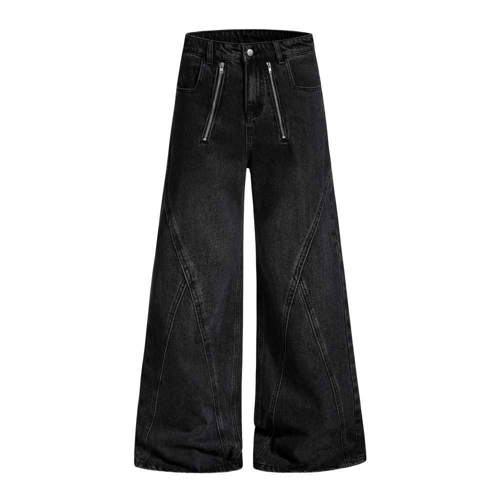 American High Street Washed Denim Wide-Leg Men's Vintage Design Zipper Decoration Loose Flared Floor-Length Pants_mkmklike.com