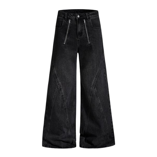 American High Street Washed Denim Wide-Leg Men's Vintage Design Zipper Decoration Loose Flared Floor-Length Pants_mkmklike.com