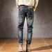 Men's Trendy Slim Fit Blue Ripped Whiskered Jeans Elastic Straight Leg Pants New Spring Autumn Collection_mkmklike.com
