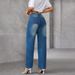 Women’s Clothing spot high waist slim retro blue crease loose straight jeans casual pants_mkmklike.com