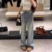 Women's Light Blue Flared Jeans With Firework Rhinestone Details – Fleece-Lined Winter Pants, High-Waisted Straight-Leg Denim For A Slimming Look_mkmklike.com