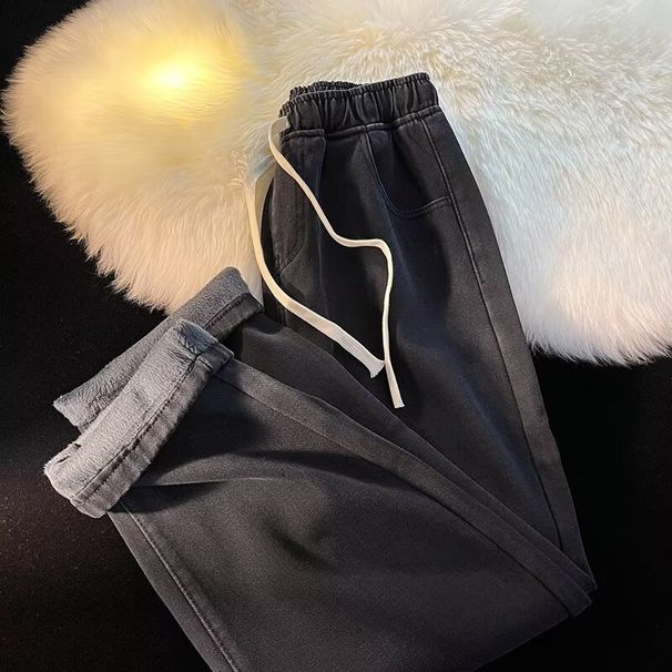Men's Fleece Straight Jeans Autumn And Winter Thickened Warm Wide-leg Pants Trendy American Retro Loose Trousers Men_mkmklike.com