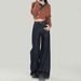 Women's Dark Blue High-Waisted Wide Leg Jeans Relaxed Loose Fitting Straight Leg Floor Length Pants For All Seasons_mkmklike.com