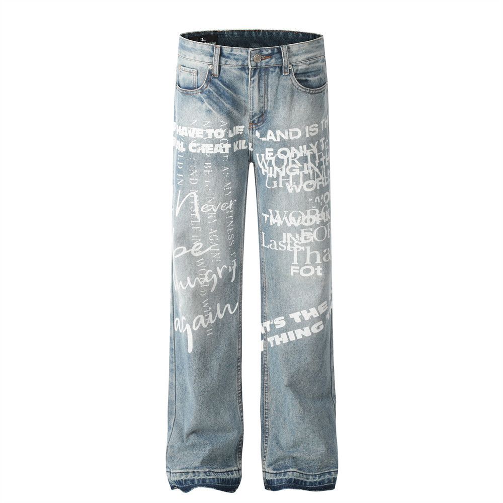 Graffiti Letter Print Jeans Men's American Street Style Washed Vintage Trendy Hip-Hop Loose Flared Pants_mkmklike.com