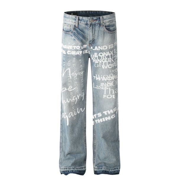Graffiti Letter Print Jeans Men's American Street Style Washed Vintage Trendy Hip-Hop Loose Flared Pants_mkmklike.com