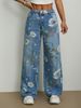 European And American Street Fashion Loose Straight Wide Leg Pants Printed Denim Trousers_mkmklike.com