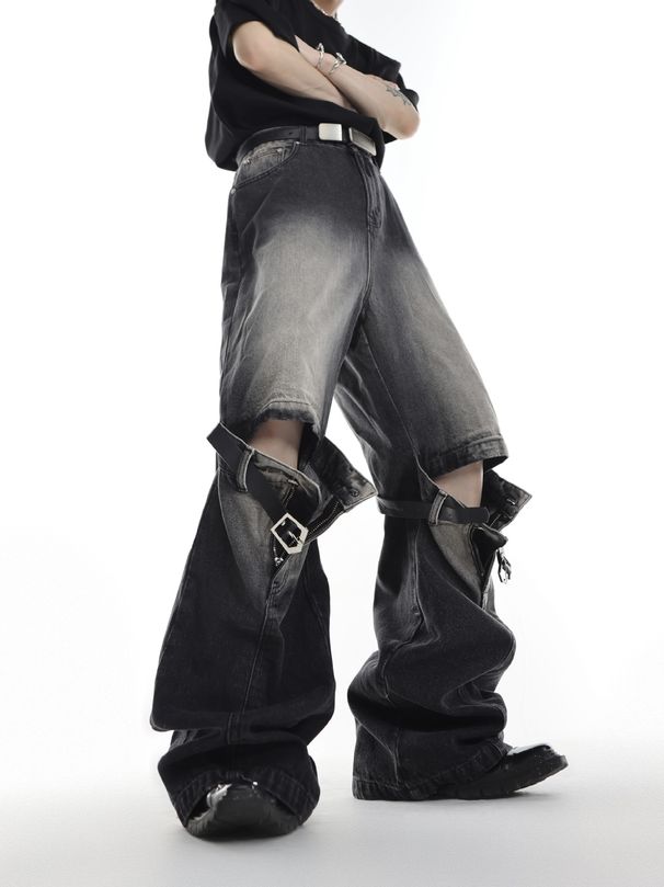 Niche Retro Old High Waist Three-dimensional Splicing Design American High Street Trendy Brand Micro-pull Jeans Men_mkmklike.com