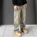 Men's Clothing Trendy High Street Style Washed Splatter Painted Jeans Straight Leg Slightly Flared Curved Hem Men's Denim_mkmklike.com