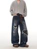 Men's Clothing Wasteland Style Dirty Dyed Hole Jeans Men's Summer High Street Vibe Flared Straight Casual Loose Pants_mkmklike.com