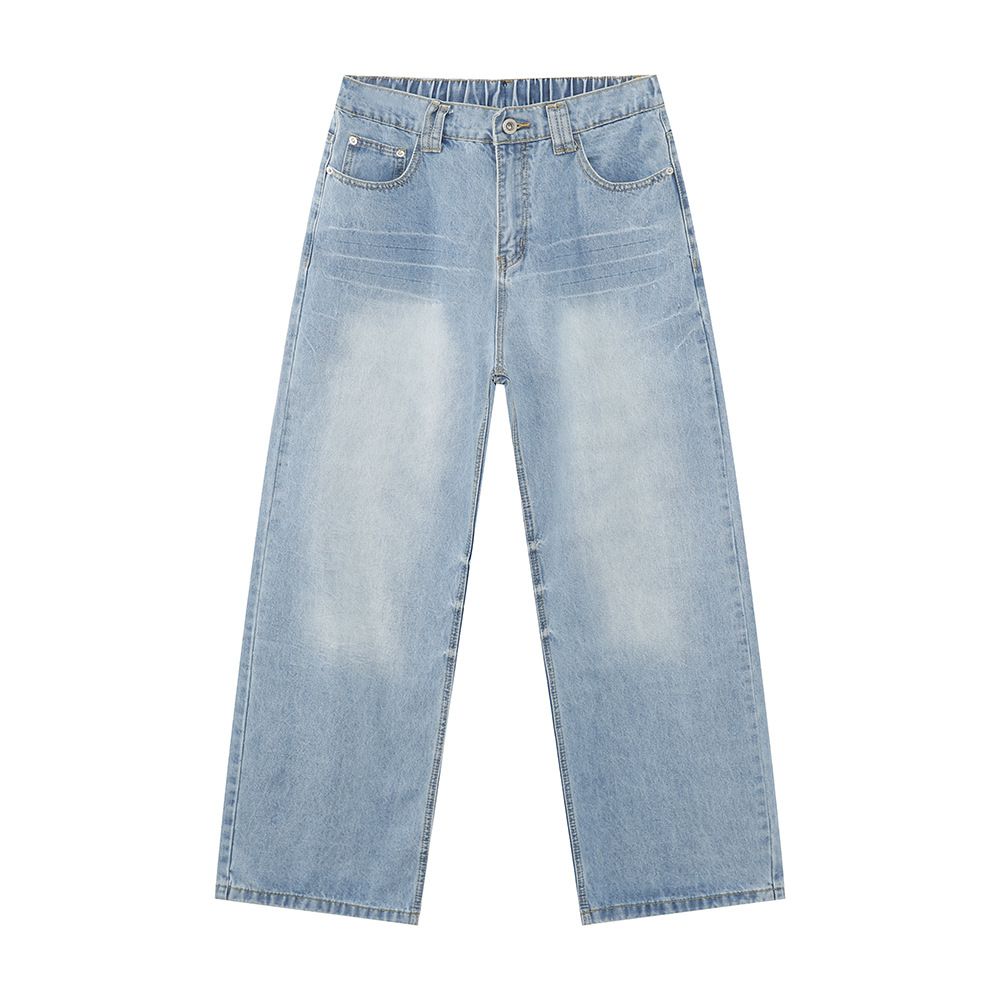 Men's Clothing New Korean Light Washed White Elastic Waist Straight Loose Denim Pants Trendy_mkmklike.com