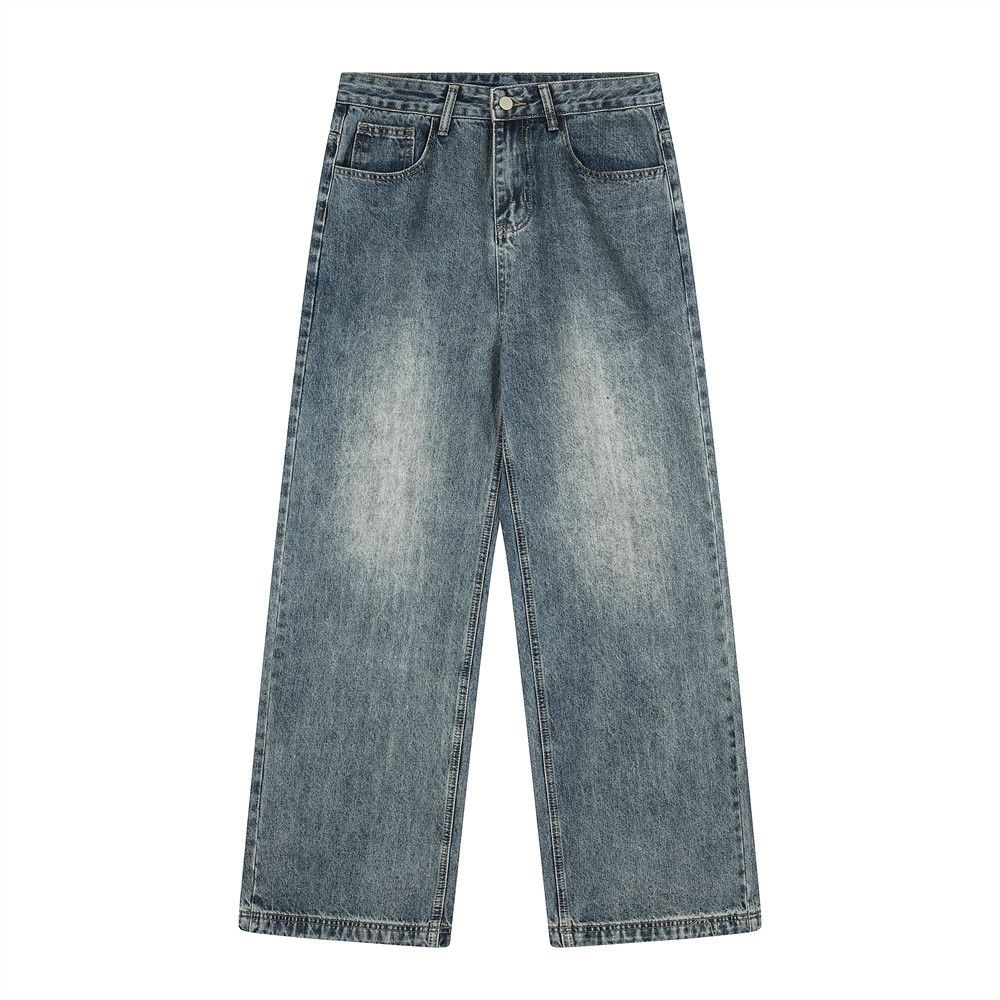 American Style Distressed Jeans Loose Basic Washed White Casual Straight Long Pants Men's Versatile Street Fashion_mkmklike.com