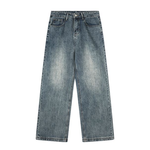 American Style Distressed Jeans Loose Basic Washed White Casual Straight Long Pants Men's Versatile Street Fashion_mkmklike.com