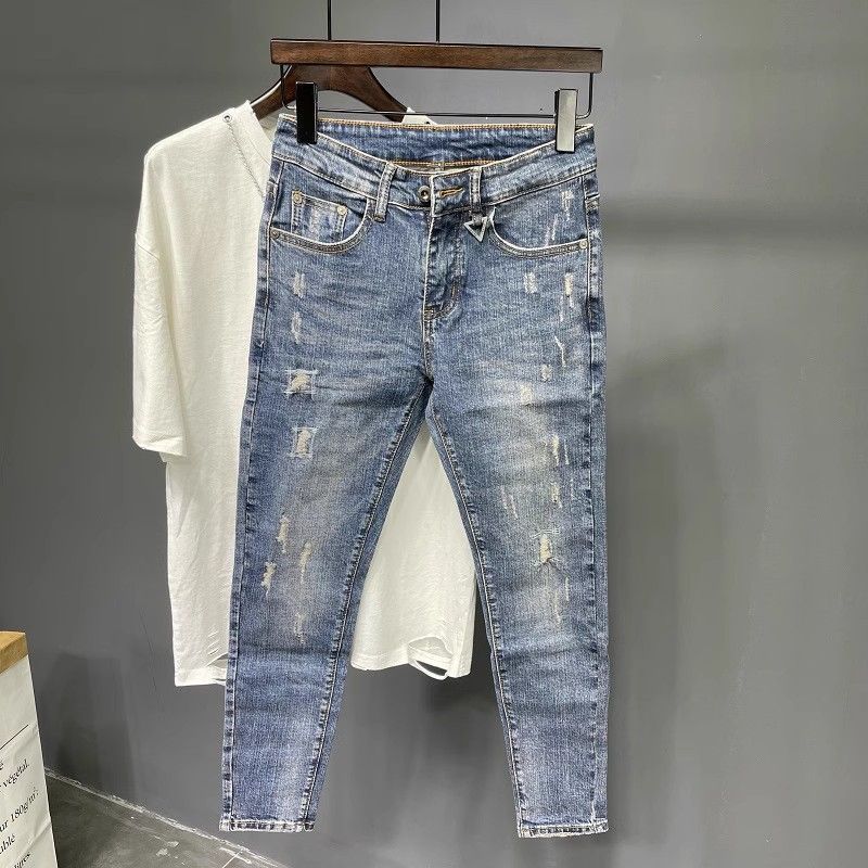 Men's Clothing 2025 New Nine Point Jeans Men's Net Celebrity Skinny Pants Korean Style Trendy Retro Elastic Personality Embroidery Scratched Beggar_mkmklike.com