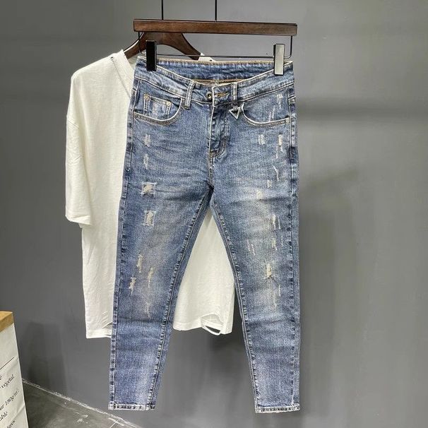Men's Clothing 2025 New Nine Point Jeans Men's Net Celebrity Skinny Pants Korean Style Trendy Retro Elastic Personality Embroidery Scratched Beggar_mkmklike.com