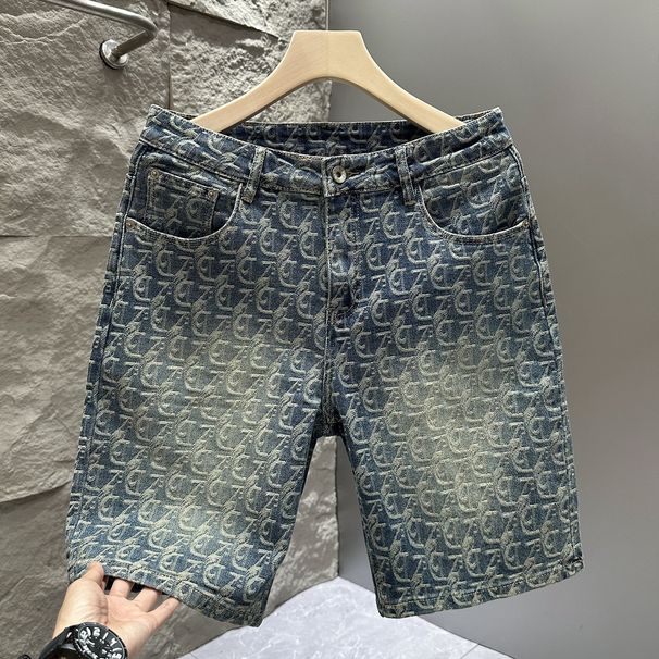 Men's Embroidered Denim Shorts – High-Street Style, Breathable Cotton, Mid-Rise Fit (Sizes 28-40, Blue, Summer Casual)_mkmklike.com