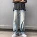 Retro Light Blue Men's Jeans High Street Hip Hop Stacked Design Straight Leg Loose Fit_mkmklike.com