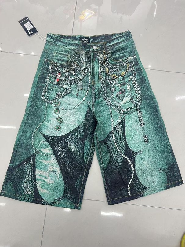 Men's Clothing New Fashion Favorite! Metal Decoration Mesh Printing Retro Style Metal Element Denim Shorts WL427 1_mkmklike.com