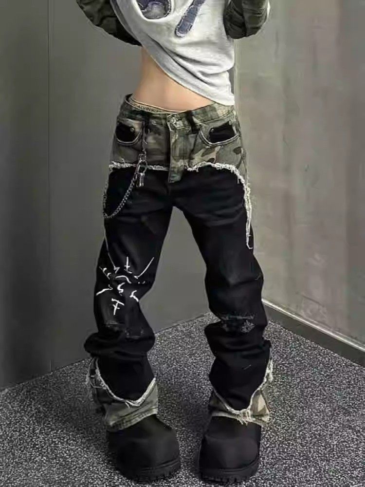 Unisex Distressed Embroidered Jeans – Vintage Washed Wide-Leg Denim Pants With Hand-Painted Details_mkmklike.com