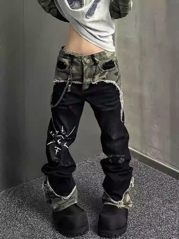 Unisex Distressed Embroidered Jeans – Vintage Washed Wide-Leg Denim Pants With Hand-Painted Details_mkmklike.com