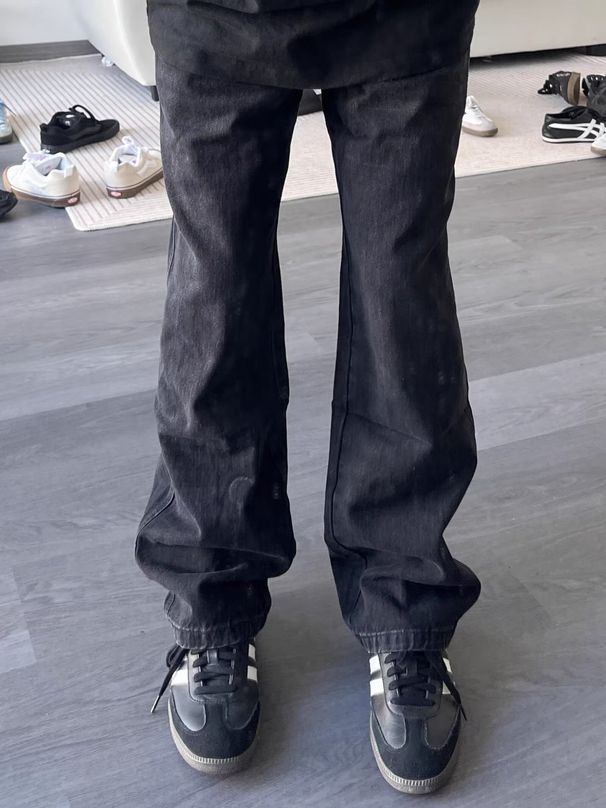 American High Street Vibe Men's Winter Cleanfit Black Fleece-Lined Jeans Slim Fit Flared Casual Pants_mkmklike.com