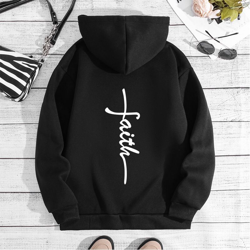 Men's Clothing sweatshirt faith fashion printed hooded back collar plus velvet sweatshirt_mkmklike.com