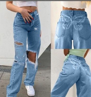 's New Blue Cotton Jeans For Women With Butterfly Print, Washed And Distressed, High-waisted Wide-leg Pants_mkmklike.com
