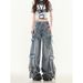 Unisex Cargo Denim Pants With Multi-Pocket & Distressed Details, Loose Fit Wide Leg Jeans For Streetwear Style_mkmklike.com