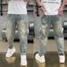 Men's Distressed Embroidered Slim-Fit Jeans – Vintage Washed Denim | Elastic Waist | Relaxed Tapered Streetwear Pants (Blue, M-3xl)_mkmklike.com